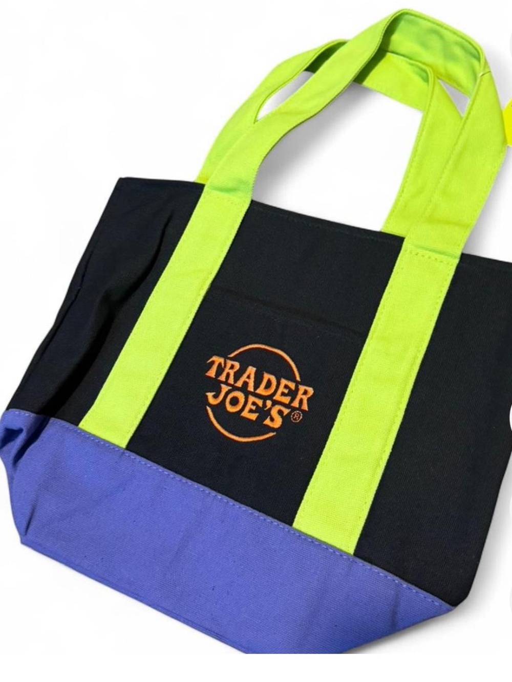 Trader Joe’s black tote bag purple neon green